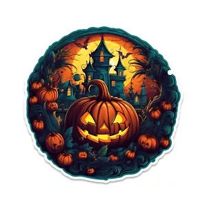 Halloween Spukhaus umgeben von einem Kürbis Aufnäher mit Jack O Laterne Aufkleber - Bild 1 von 3