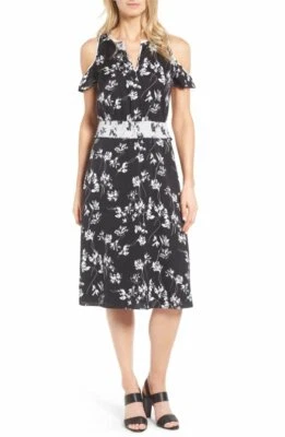 $299 Classiques Entier Black White Stretch Silk Cold Shoulder Dress 10 NEW C445 - Image 1 of 4