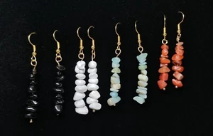 Natural Gemstone Chips Beaded Earrings Gold Plated Stainless Steel - Picture 1 of 20