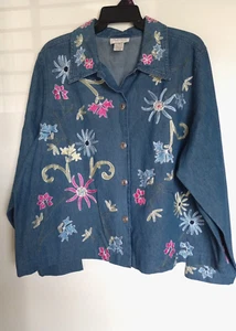Studio Works Gr. 2X Denim Jeans Funky Blumen bestickt Art-Wear Jacke - Bild 1 von 4