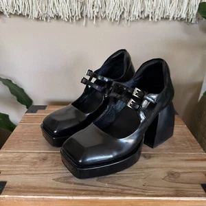 Jeffery Campbell Corgi Black Double Strap Platform Block Heel Mary Jane Size 8 - Picture 1 of 15