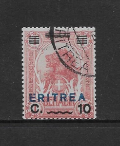 ERITREA SCOTT 83 USED FINE - 1924 10c on 1a ROSE RED ISSUE WITH BLUE OVERPRINT - Picture 1 of 2