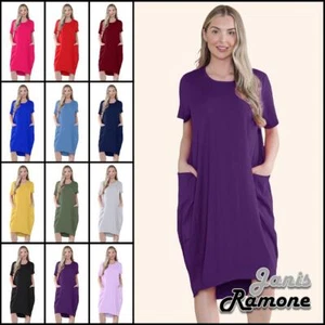 Womens Lagenlook Italian Top Short Sleeve Pockets Baggy Dress Plain Mini Dress - Picture 1 of 63