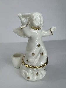 Christmas Angel Holding a Dove Taper Candle Holders Ceramic White Gold Trim Star - Picture 1 of 4