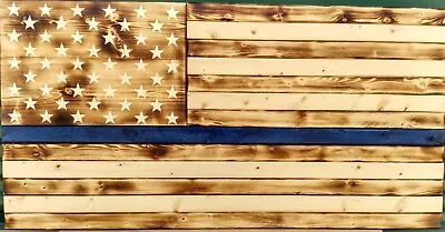 Rustic Thin Blue Line Wooden American Flag - Image 1 of 3
