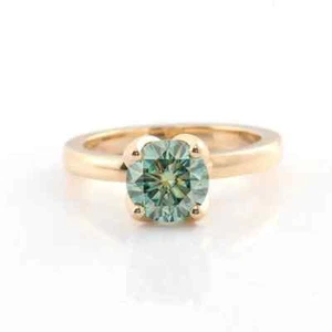 Green Moissanite 7mm Round Cut 14K Yellow Gold Plated Solitaire Engagement Ring - Picture 1 of 11