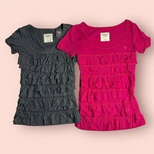 Top Abercrombie & Fitch Rosa Y2K Cuello en V XS Manga Corta Preppy Coqueta Volantes - Imagen 1 de 5