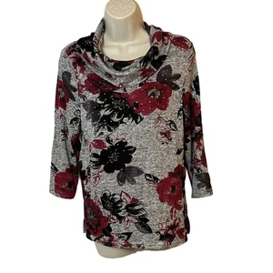 Purpurrot Blumen Wasserfallausschnitt Top Petite S grau Glitzer Urlaub Party Bluse Neu mit Etikett - Bild 1 von 7