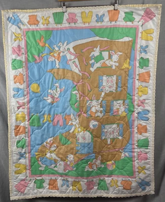 Edredón de bebé de colección hecho a mano rima infantil conejitos vieja dama vivió en zapato 34,74"x43,5 Foto 1 de 4