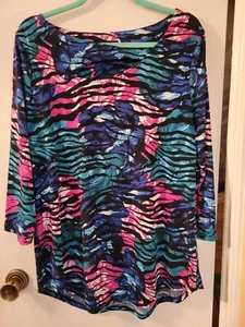 JM Collection L/XL Womens Top Blouse Tunic 3/4 Sleeve Colorful Tropical Art - Picture 1 of 7