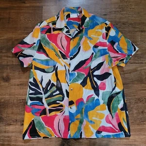 Men's ASOS Aloha Shirt Linen Blend Tiki Hawaii Geometric Print Pink Blue Medium - Picture 1 of 8