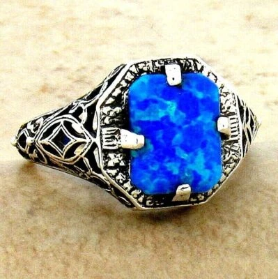 925 STERLING SILVER DECO ANTIQUE STYLE LAB BLUE FIRE OPAL FILIGREE RING     146Z - Image 1 of 4