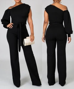 Jumpsuits Womens Rompers Party Clubwear Wide Leg One Shoulder Waist Tie Jumpsuit - Picture 1 of 3