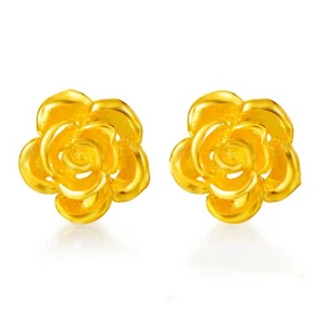 Pure 999 24k Yellow Gold Stud Women Gift Lucky Rose Flower Earrings /2.1-2.3g - Picture 1 of 7