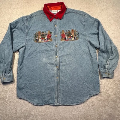 Vintage Bobbie Brooks Denim Christmas Cat Snowman Embroidered Shirt Womens XL - Image 1 of 4