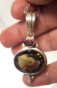 Vtg Smoky Quartz Garnet Sterling Silver Pendant Necklace 24" Chain Chunky Artist - Picture 1 of 22