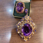 New Huge Amethyst Gemstone Italian Enamel Classical Women Necklace Pendant Ring