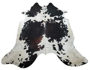 Tricolor Cowhide Rug Dark Brown Black White Brazilian Speckled Real 8ft x 6.9ft - Picture 1 of 5