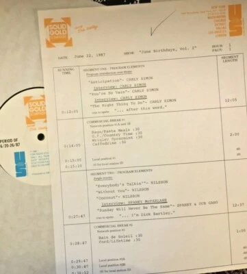  RADIO SHOW: BIRTHDAYS 6/22/87 CARLY SIMON SET, NILSSON, TODD RUNDGREN, JOEY DEE - Image 1 of 2