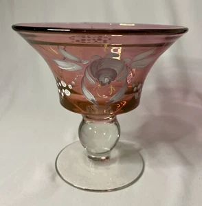 Hand Painted Cranberry Glass Footed Bowl 6.5” x 6.75” diameter - Picture 1 of 8