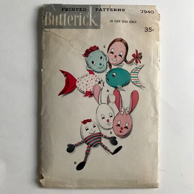 Butterick 7940 Stuffed Animal Fish Rabbit Humpty Dumpty Boy Girl Pillow Pattern - Image 1 of 2