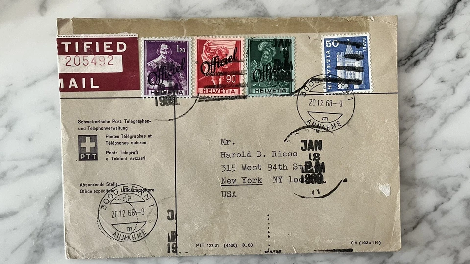 Stamps From Switzerland On Rare Certified Cover 1968 - Image 1 of 1