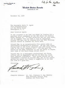 SENATOR HOWARD BAKER 1968 SIGNED LETTER to VP AGNEW re. PILOT for Air Force Two - Picture 1 of 2