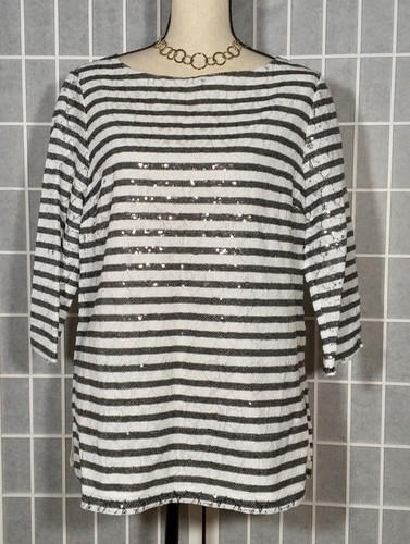 TOP DONNA MICHAEL KORS TG12 NUOVO CON ETICHETTE $225 PIZZO RIGHE PAILLETTES MISTO COTONE