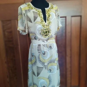 Antik Batik L / 12 patterned cream silk chiffon belted shift dress with beading - Picture 1 of 12