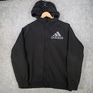 Adidas Hoodie Mens Medium Black Big Spell Out Logo Stripes Climalite Jacket Top - Picture 1 of 14