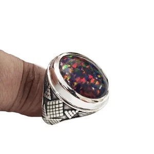 NATURAL BLACK OPAL OCTOBER BIRTH 925 STERLING SILVER CHRISTMAS HEAVY MENS RING - Picture 1 of 9