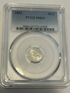 1852 Three Cent Silver Piece 3 Cent 3CS PCGS MS64 Blast White - Picture 1 of 6