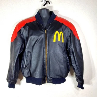 Chaqueta de bombardero de cuero grande McDonalds Racing Team de colección negra roja amarilla Foto 1 de 4