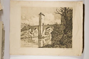 Gravure à l'eau forte, milieu XX°, le pont de Cahors, Lot, Eugène LAVIGNAC - Picture 1 of 1
