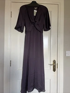BNWT Damson Purple Mulberry Silk Evening Maxi Dress V Neck Size M 10 12 - Picture 1 of 6