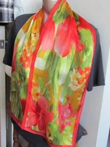 Silk Chiffon Satin Printed Scarf Floral Abstract Adrienne Vittadini Lime Pink - Picture 1 of 11