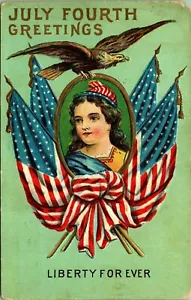 Cartolina in rilievo 4 luglio Lady Liberty Forever PM 1910 Minnesota Lake MN - Foto 1 di 2