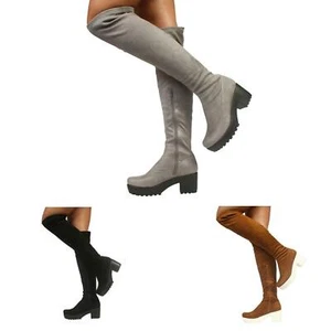 WOMENS BLOCK CHUNKY HEEL PLATFORM LADIES OVER THE KNEE STRETCH BOOTS SHOES - Picture 1 of 16