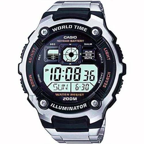 Casio Ae2000wd-1a Mens 200m Stainless Steel Watch 5 Alarms World Time Stopwatch