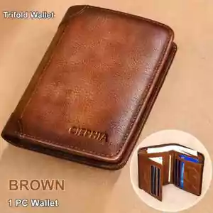 RFID Blocking Trifold Genuine Leather Wallets For Men, Top Layer Cowhide Vintage - Picture 1 of 8