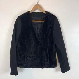 Faux Fur Wool Collarless Jacket Black Classic Chic Blazer - Picture 1 of 9