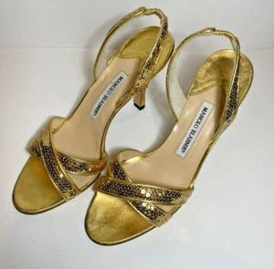 Manolo Blahnik Gold Sequined Open Toe Slingback Stiletto Heels Womens 38 Shoes - Picture 1 of 10