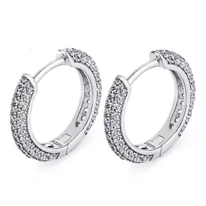 Men's White Gold Plated Small Thin 3D 925 Sterling Silver Iced CZ Hoop Earrings - Picture 1 of 5