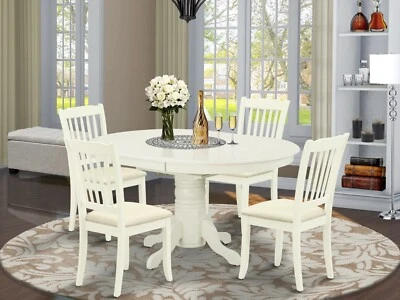 5pc Dining Set, Avon 42x60 oval pedestal table + 4 padded chairs in linen white - Image 1 of 4