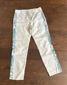 Club Monaco Women’s White Pants Capri Sz 2 ST2825 Colorful Stripe On Sides - Picture 1 of 3