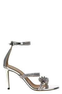MACH & MACH Lotus Crystal Jewel Silver Leather 95mm Heel Strappy Sandals New - Picture 1 of 4