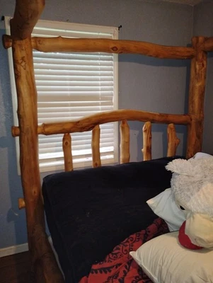 Northern Torched Cedar Log Bed Queen Size with Double Log Side Rail - Image 1 of 4