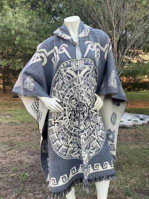 Exclusively Handcrafted ALPACA PONCHO, Aztec Calendar, Geometric, Mystic Forest - Image 1 of 4