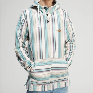 BILLABONG OFF-WHITE GREEN STRIPE RANCHO HOODED PULLOVER SHIRT UNISEX MEDIUM - Picture 1 of 8