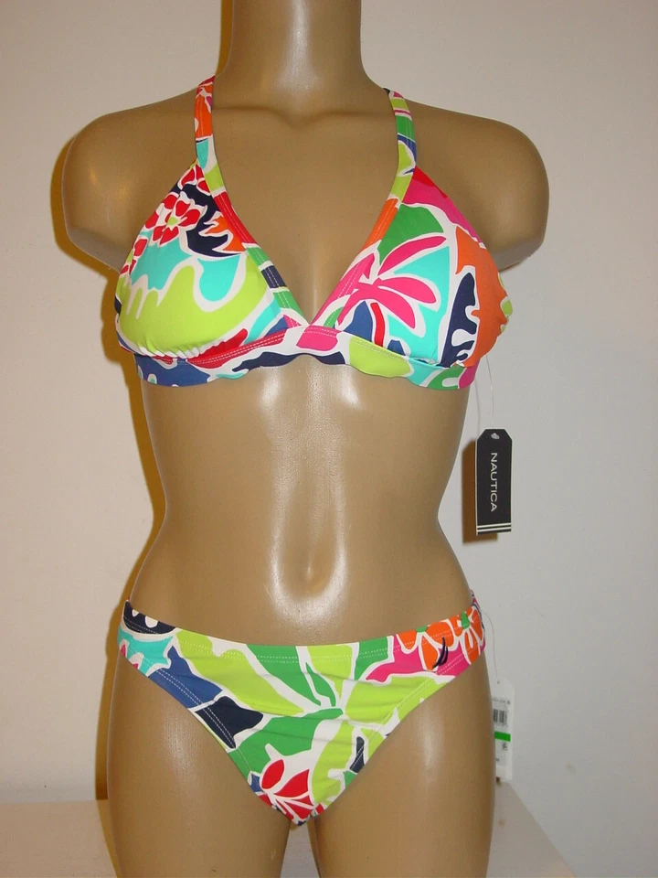 Traje de baño bikini con estampado de hojas brillantes Nautica 2 piezas con tiras en la espalda Top-L-NUEVO $114. Foto 1 de 4